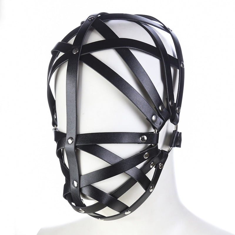 Fetish Full Head Leather belt Strap Hollow Hood Mask