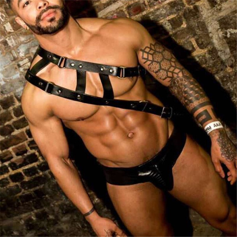 Leather Fetish Men Harness Belts with Armbands Crossed Chest Harness Strap Costume