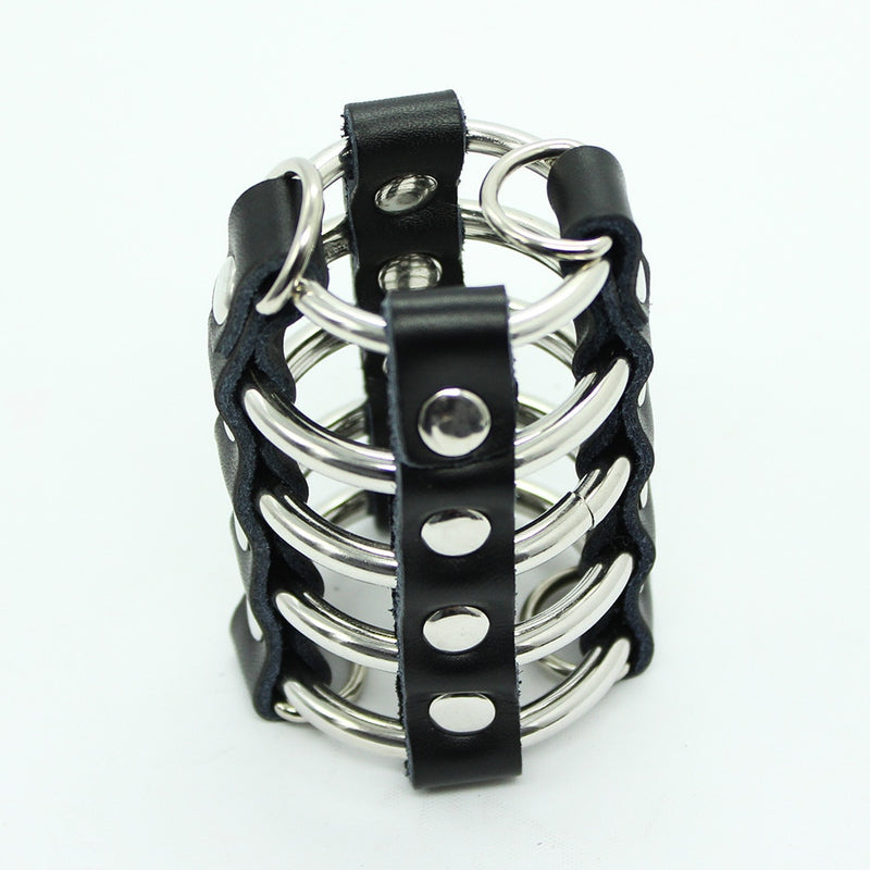 Genuine Leather Male Cock Cage Penis Harness Ball Scrotum Stretcher Chastity Device