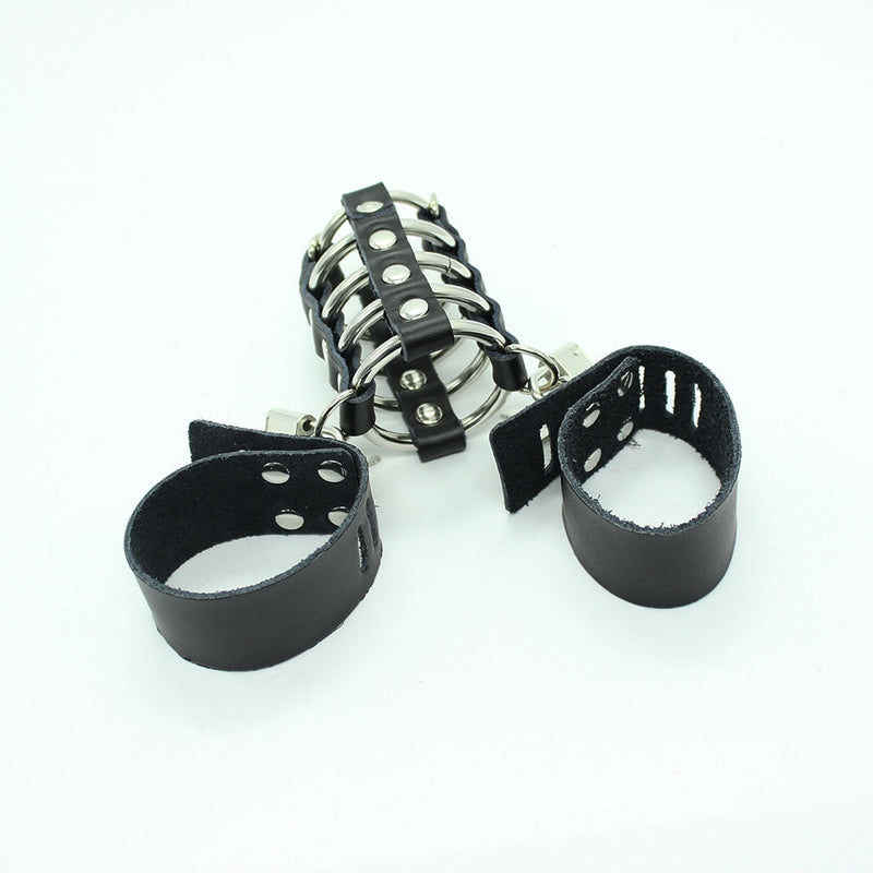 Genuine Leather Male Cock Cage Penis Harness Ball Scrotum Stretcher Chastity Device