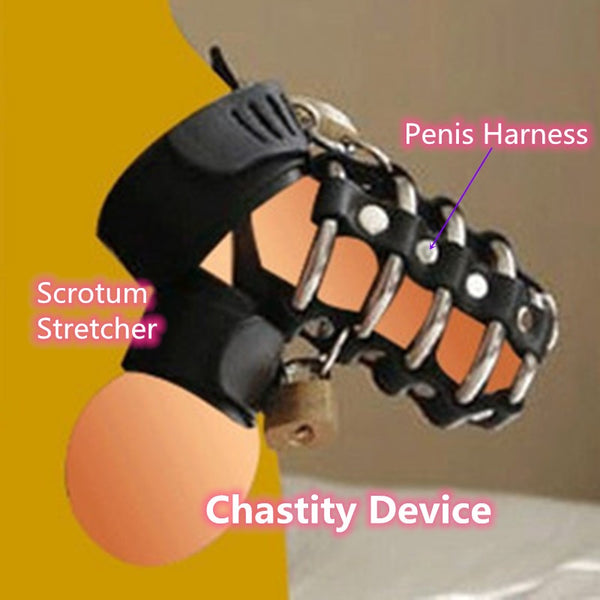 Genuine Leather Male Cock Cage Penis Harness Ball Scrotum Stretcher Chastity Device